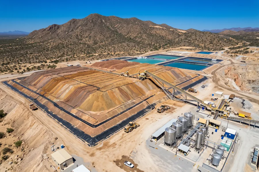 Vista aérea de la operación de lixiviación en pilas de La Colorada: pilas de mineral ocre con líneas de riego, pozas de solución y la planta de recuperación, entre los cerros del desierto de Sonora.