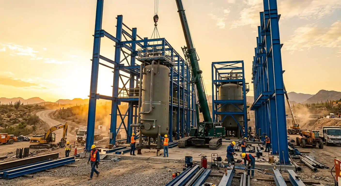 Construcción de planta ADR modular con estructura de acero y grúa