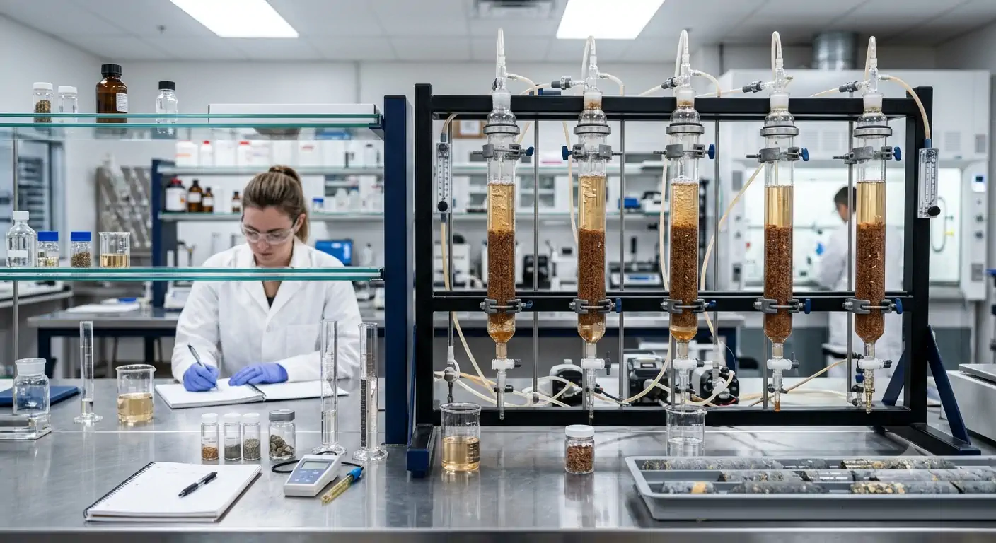 Laboratorio metalúrgico de KCA con columnas de lixiviación