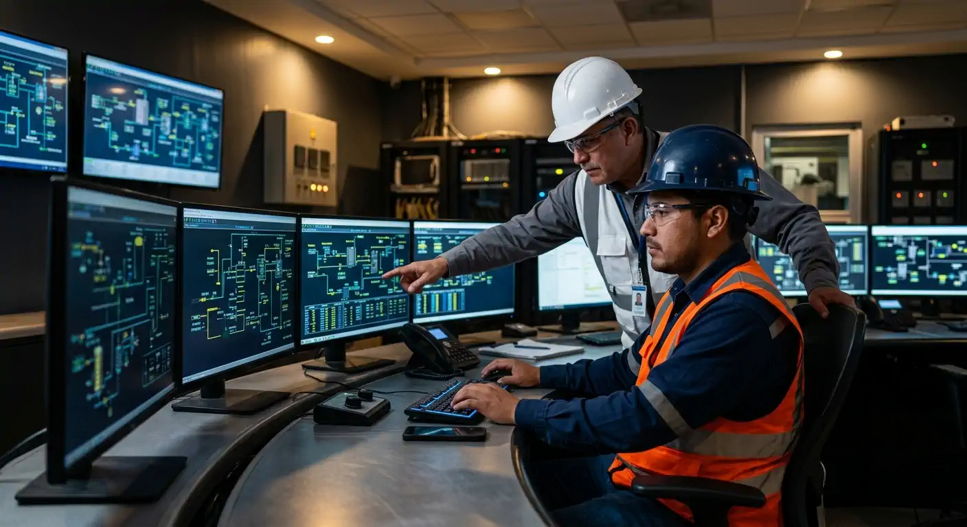 Sala de control de planta con operador e ingeniero supervisando el proceso